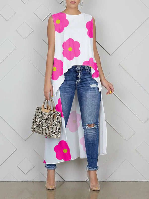 High-Low Loose Contrast Color Floral Printed Round-Neck Vest Top