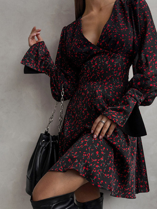 Flower Print Zipper A-Line Flared Sleeves Deep V-Neck Mini Dresses