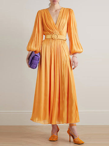 Belted Pleated Solid Color High Waisted Long Sleeves V-Neck Maxi Dresses