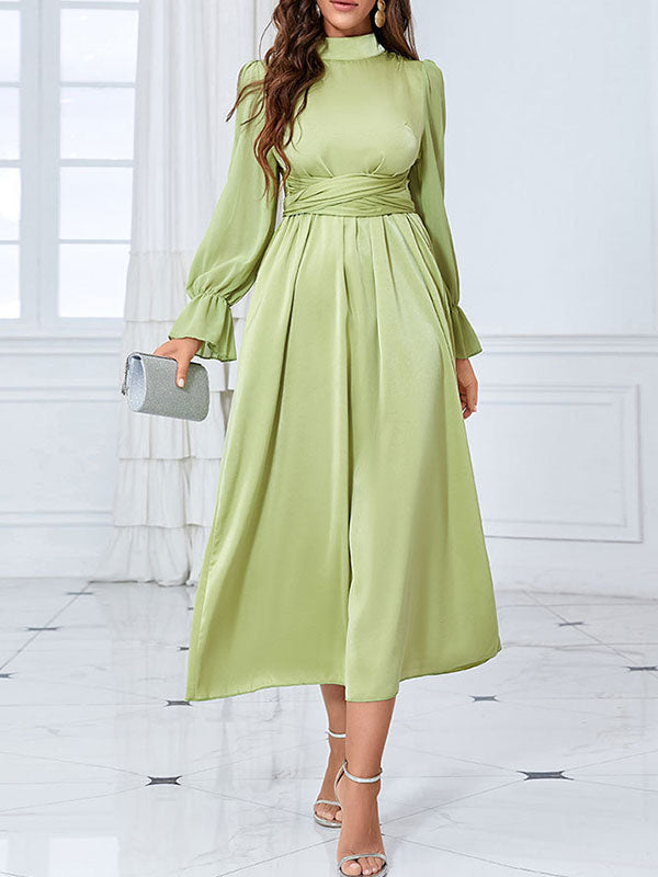 Flared Sleeves Wrap Belted Pleated Solid Color Stand Collar Midi Dresses