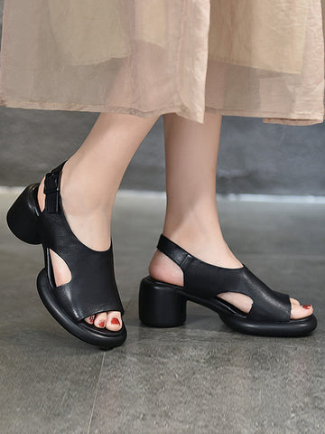 Hollow Open Toe Solid Color Block Heel Sandals