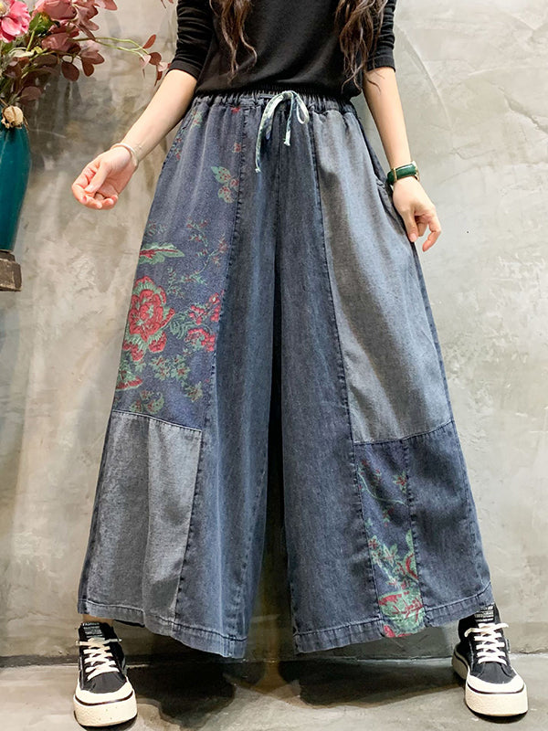 Casual Wide Leg Loose Color-Block Bandage Embroidered Jean Pants Bottoms