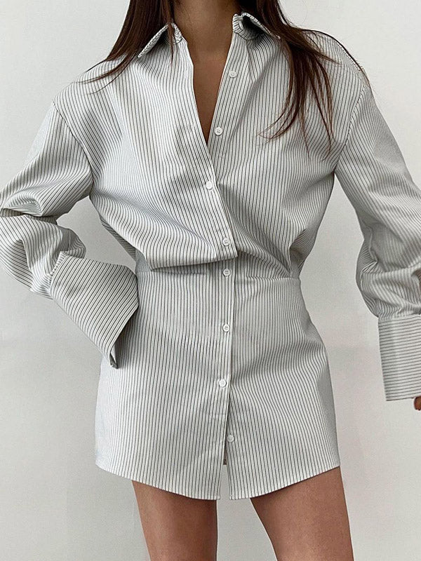 Buttoned Striped Flared Sleeves Long Sleeves Lapel Shirt Dress Mini Dresses