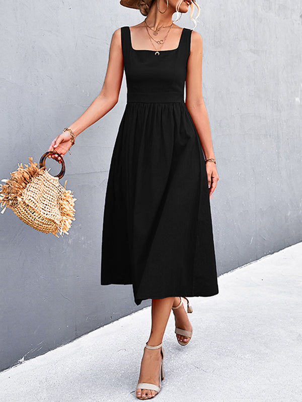 Pleated Solid Color Split-Joint High Waisted Sleeveless U-Neck Midi Dresses