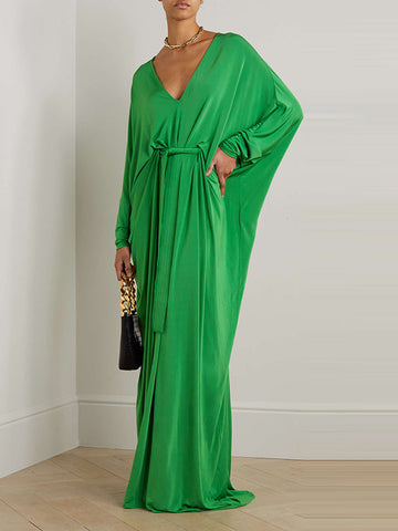 Batwing Sleeves Loose Solid Color V-Neck Maxi Dresses