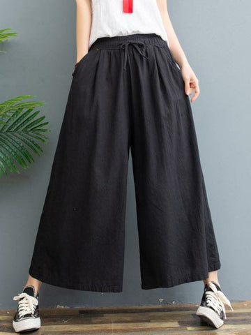 Simple Wide Leg Loose Drawstring Solid Color Casual Pants Bottoms