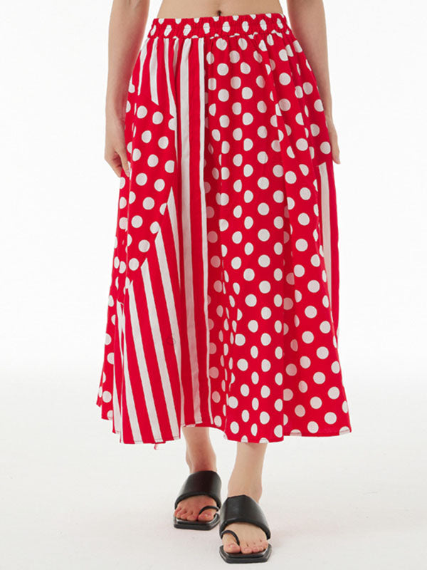 Polka-Dot Split-Joint Striped High Waisted Loose Skirts Bottoms