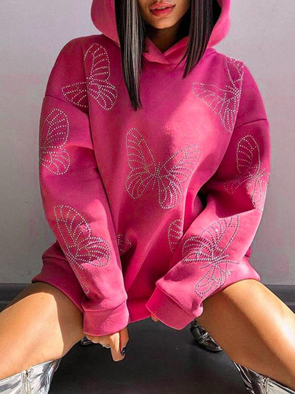 Butterfly Print Split-Joint Loose Puff Sleeves Hooded Hoodies Tops