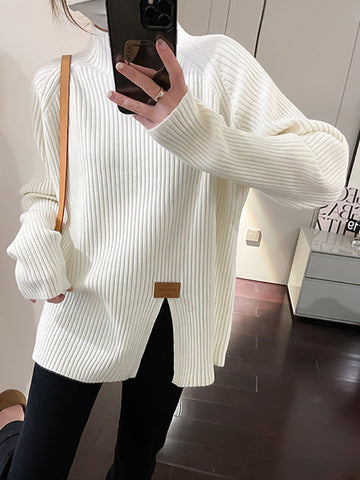 Split-Front Long Sleeves Loose Mock Neck Sweater Tops Pullovers