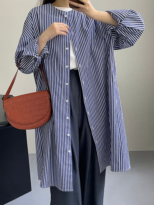 Striped Long Sleeves Loose Round-Neck Shirt Dress Midi Dresses