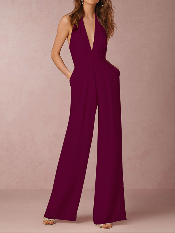 Backless Solid Color Sleeveless Wide Leg Halter-Neck Jumpsuits