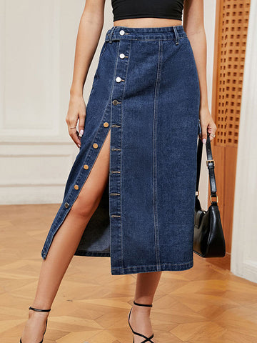 Buttoned Pockets Split-Front Loose Denim Skirts Bottoms