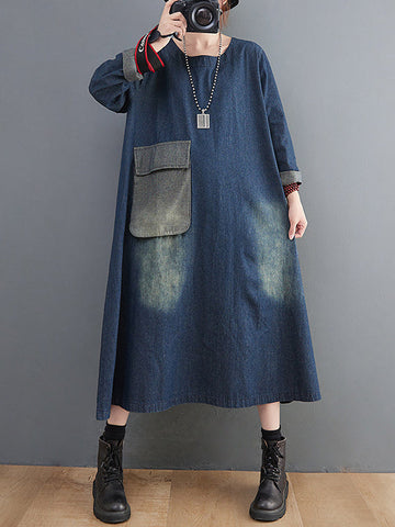 Artistic Retro Loose Denim Applique Round-Neck Long Sleeves Midi Dress