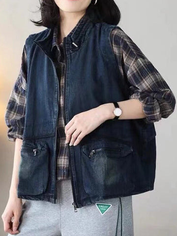 Drawstring Pockets Split-Joint Zipper Loose Sleeveless Stand Collar Vest Outerwear