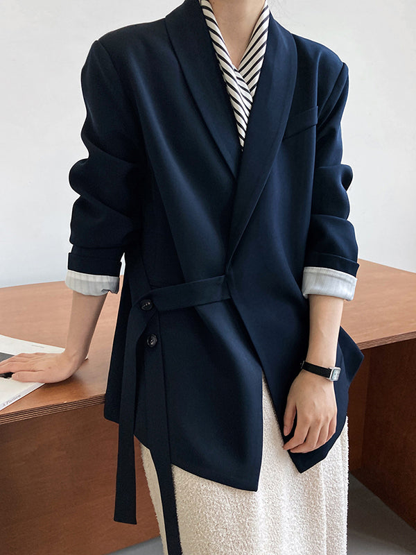 Asymmetric Buttoned Pockets Solid Color Tied Long Sleeves Loose V-Neck Outerwear Blazer