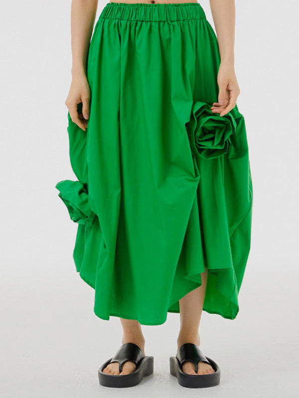 Asymmetric Elasticity Solid Color Three-Dimensional Flower Loose Skirts Bottoms