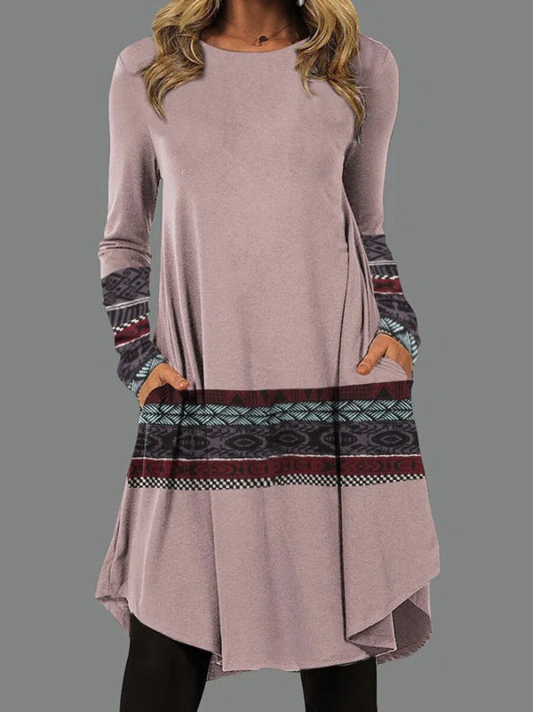 Casual Long Sleeves Striped Contrast Color Printed Round-Neck Mini Dresses