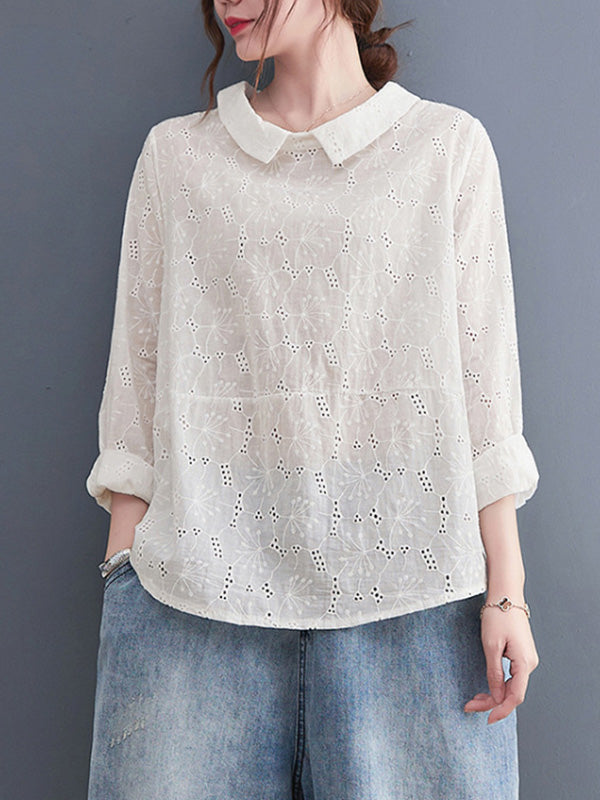 Loose 3 Colors Embroidered Hollow Lapel Collar Long Sleeves T-Shirt