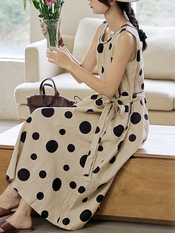 Contrast Color Pleated Polka-Dot Split-Joint Tied Waist Loose Sleeveless Round-Neck Midi Dresses