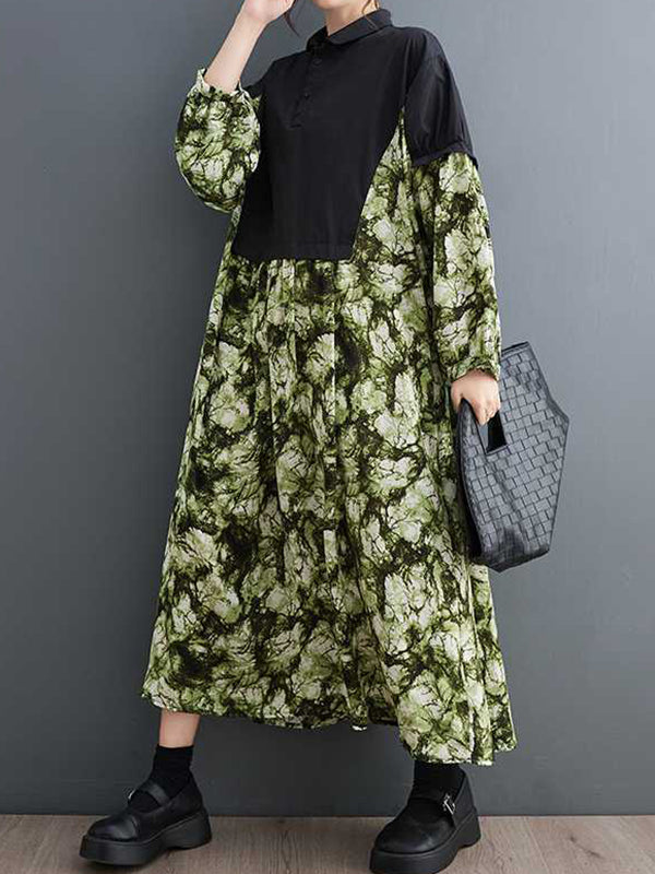 Buttoned Printed Split-Joint Long Sleeves Loose Lapel Midi Dresses