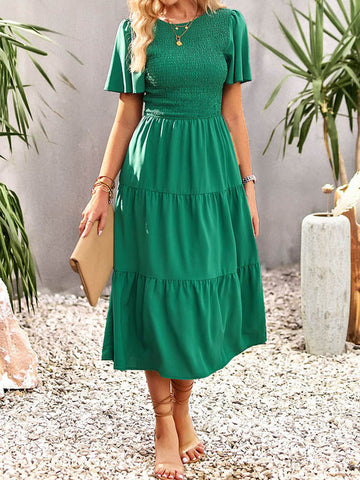 Elastics Solid Color Loose Short Sleeves Round-neck Midi Dresses