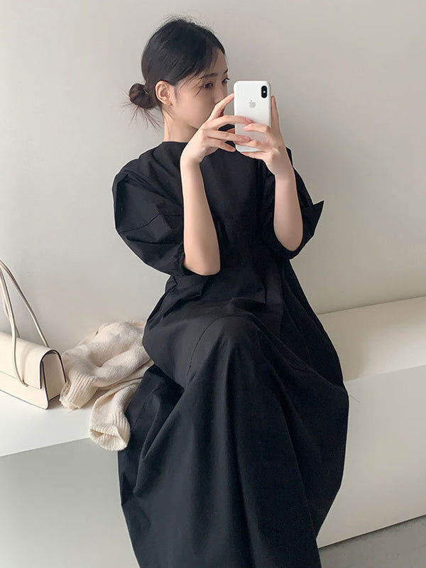 Casual Round-Neck Bishop Sleeve Loose Solid Color Midi Dress