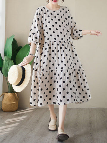 Polka Dot Split-Joint Half Sleeves Loose Midi Dresses