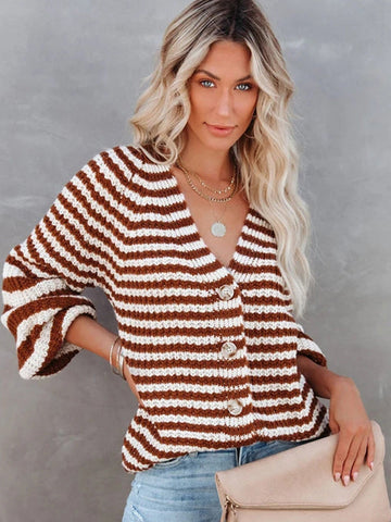 Casual Loose Long Sleeves Striped V-Neck Cardigan Tops