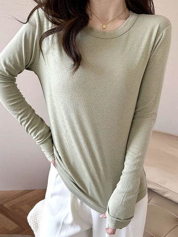 Solid Color Long Sleeves Round-neck Skinny T-Shirts Tops