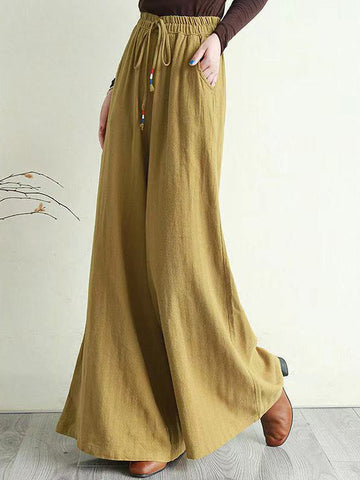 Artistic Ramie Cotton Drawstring Elasticity Loose Wide-Leg Pants