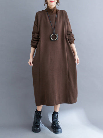 Solid Color A-Line Long Sleeves Mock Neck Midi Dresses