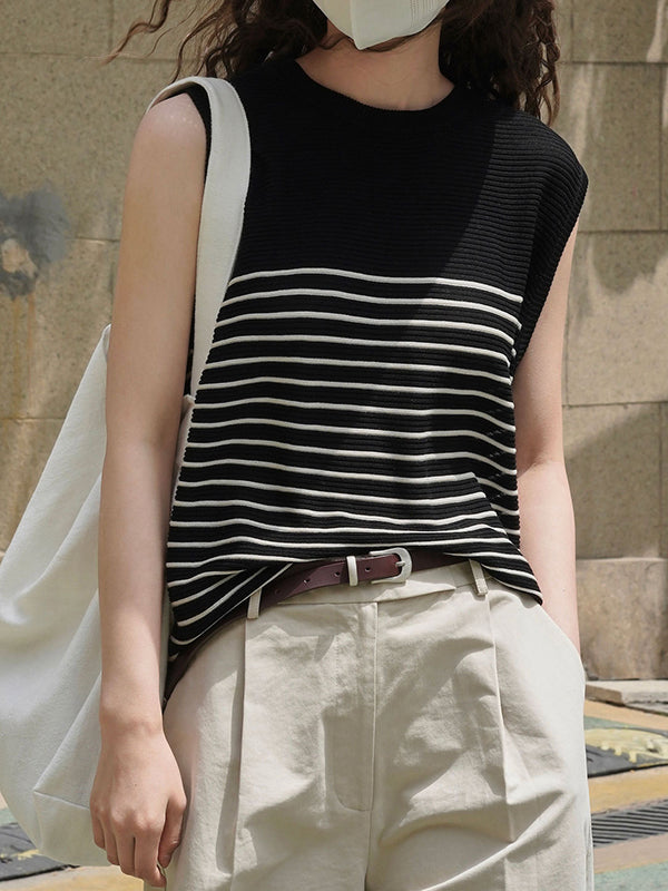 Striped Loose Sleeveless Round-neck Vest Top