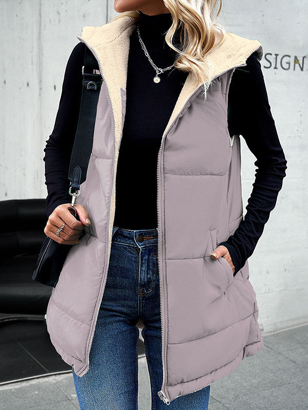 Loose Sleeveless Pockets Quilted Reversible Zipper Hooded Padded Vest Vest Outerwear