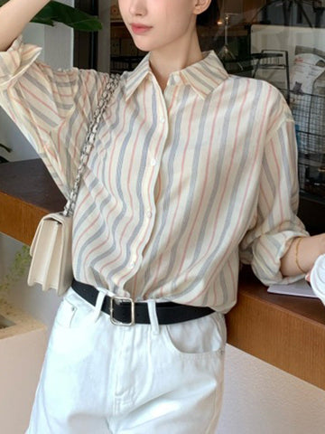 Buttoned Striped Long Sleeves Loose Lapel Blouses&Shirts Tops