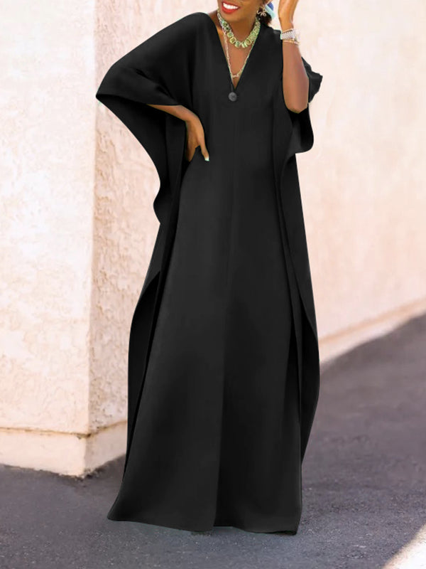 Batwing Sleeves Loose Solid Color Split-Side V-Neck Maxi Dresses