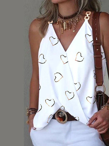 Heart Print Split-Joint Sleeveless V-Neck Vest Top