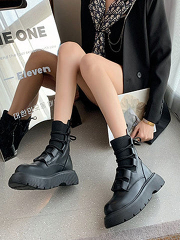 Lace-Up Round-Toe Solid Color Split-Joint Platform Shoes Dr. Martens Boots Boots