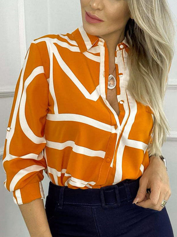 Contrast Color Printed Long Sleeves Loose Lapel Blouses