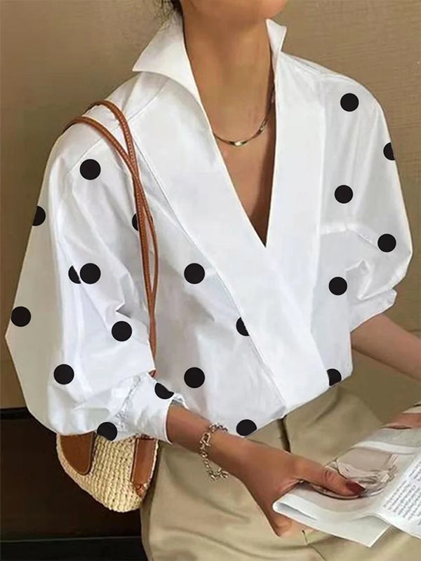 Loose Puff Sleeves Polka-Dot Lapel Collar Blouses&Shirts Tops