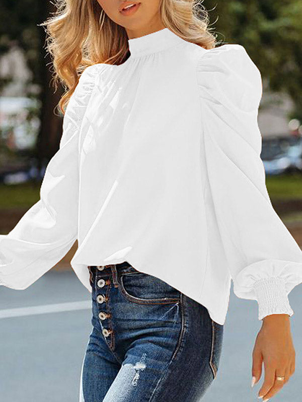 Elasticity Pleated Solid Color Long Sleeves Loose Mock Neck Blouses&shirts Tops