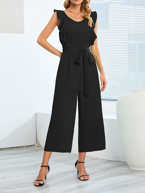 Pleated Solid Color Tied Waist Loose Sleeveless Round-Neck Jumpsuits