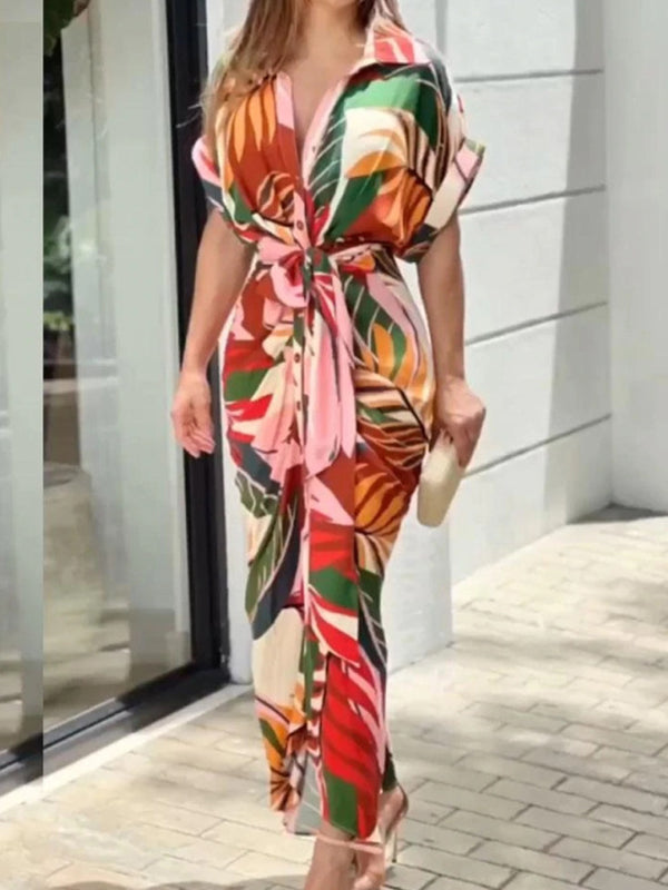 Pleated Printed Tied Waist Loose Short Sleeves Lapel Shirt Dress Maxi Dresses