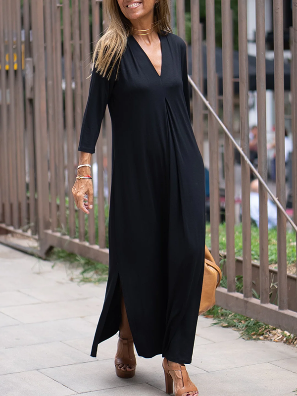 Long Sleeves Loose Solid Color Split-Side V-Neck Maxi Dresses