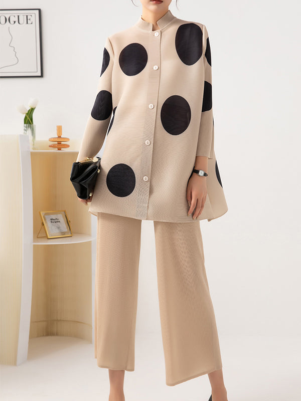 Pleated Polka Dot Long Sleeves Loose Stand Collar Two Pieces Set