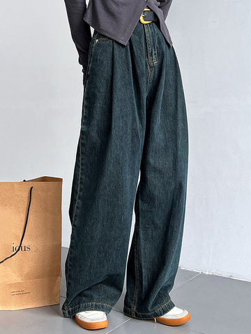 Belted Pleated Pockets High Waisted Wide Leg Jean Pants Bottoms