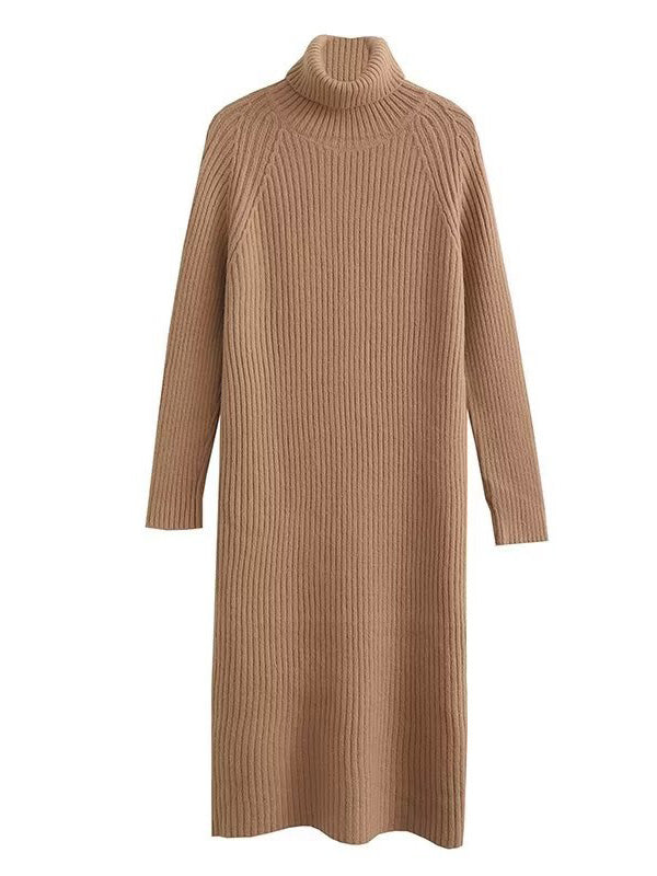 Simple Long Sleeves Loose Solid Color High-Neck Sweater Dresses