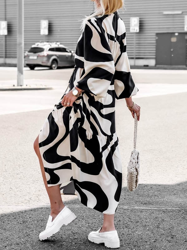 Contrast Color Pleated Printed Split-Joint Tied Waist Long Sleeves Loose Lapel Shirt Dress