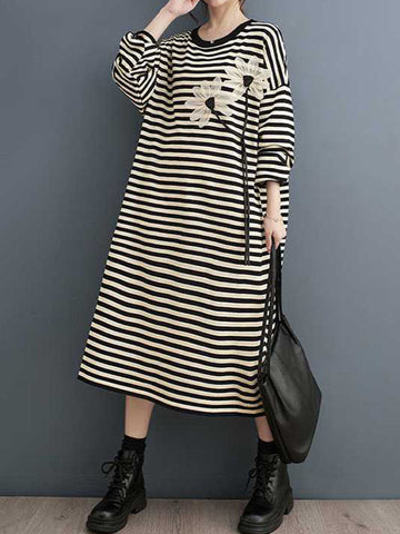 Contrast Color Flower Print Keep Warm Striped A-line Long Sleeves Round-neck Midi Dresses