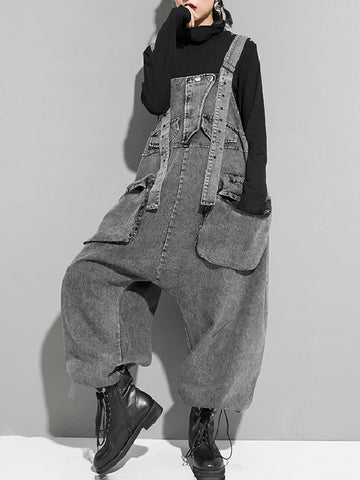 Pockets Split-Joint Loose Sleeveless Overalls Jean Pants Bottoms