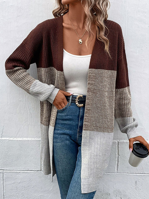 Contrast Color Long Sleeves Loose Cardigan